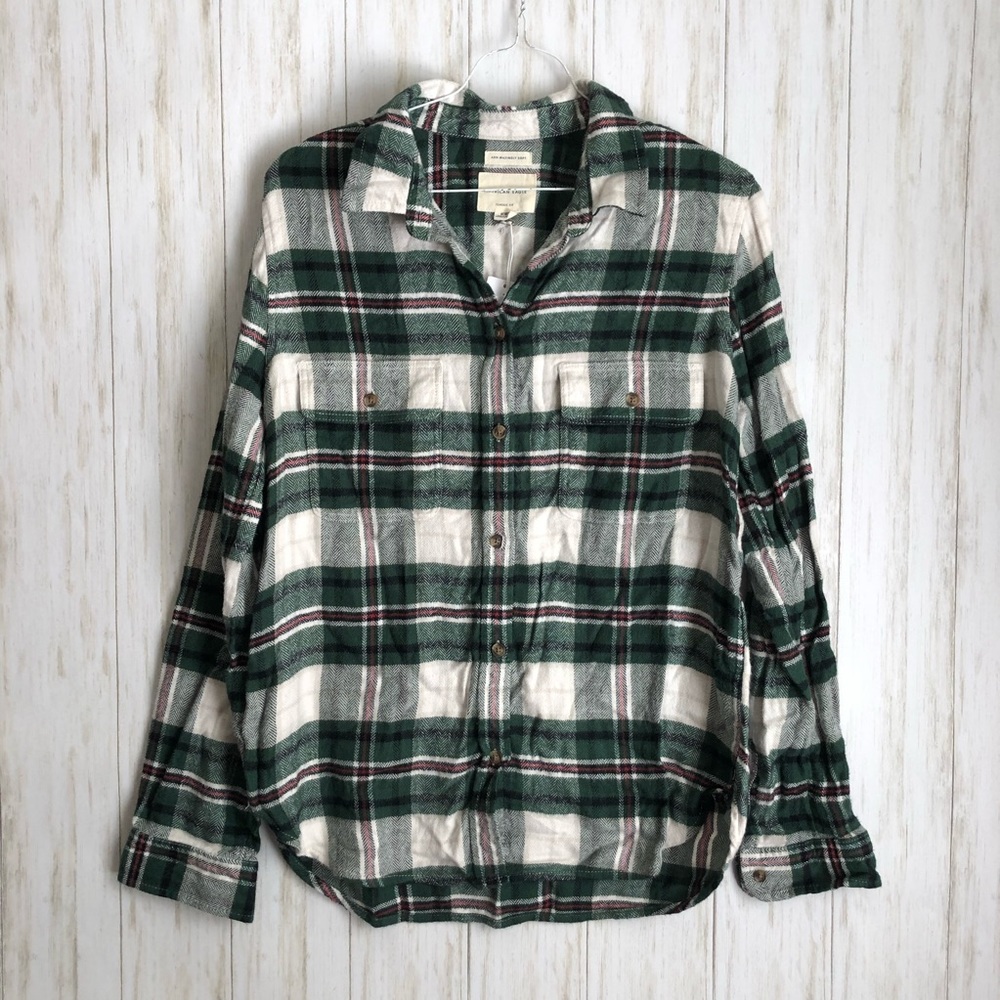 aeo Ahhmazingly Soft Flannel Plaid Green Wht Shirt